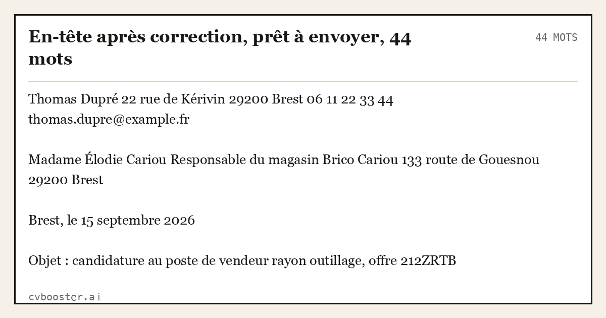 Exemple complet: En-tête après correction, prêt à envoyer, 44 mots, 44 mots