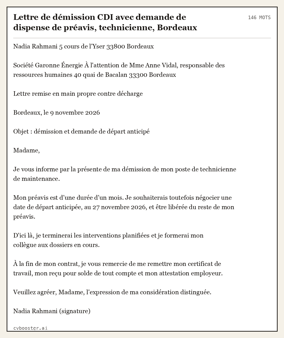 Exemple complet: Lettre de démission CDI avec demande de dispense de préavis, technicienne, Bordeaux (confirmé), 146 mots
