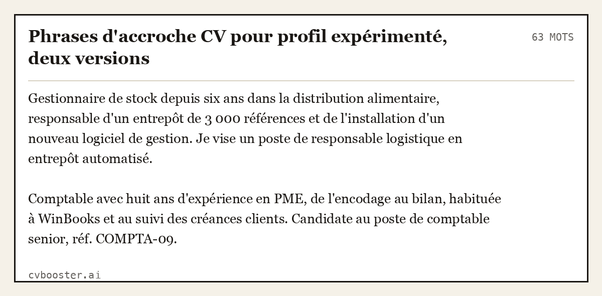 Exemple complet: Phrases d'accroche CV pour profil expérimenté, deux versions, 63 mots