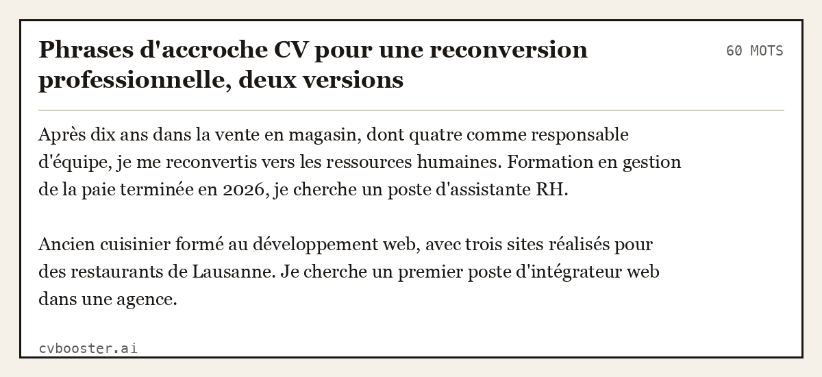 Exemple complet: Phrases d'accroche CV pour une reconversion professionnelle, deux versions, 60 mots