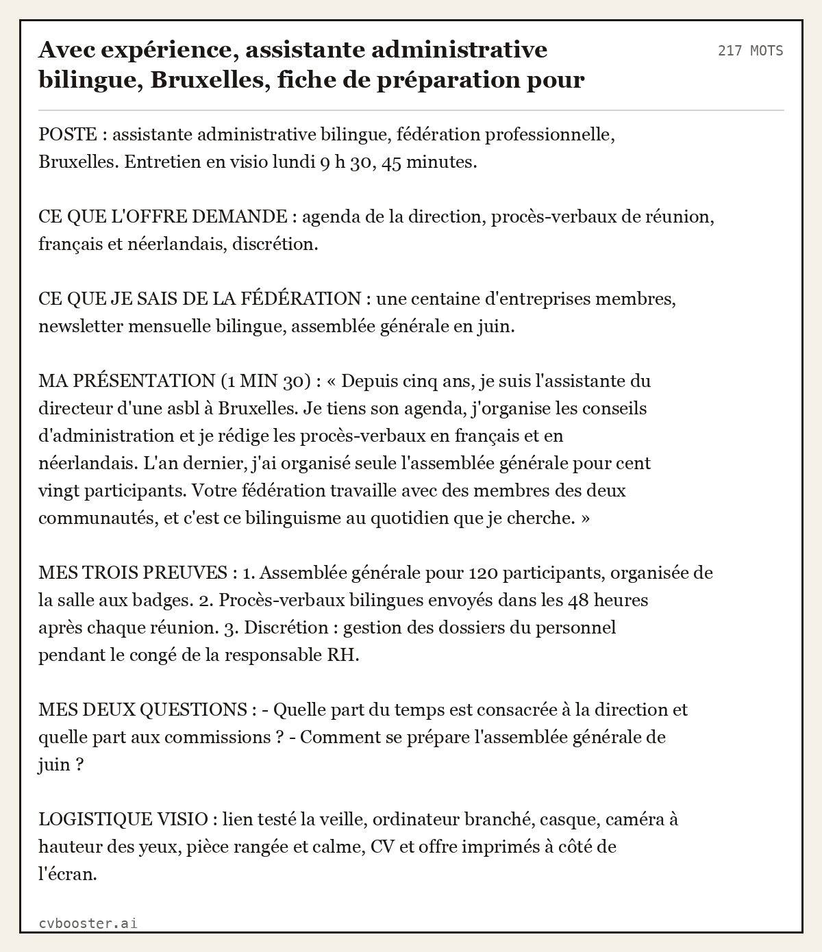 Exemple complet: Avec expérience, assistante administrative bilingue, Bruxelles, fiche de préparation pour un entretien en visioconférence, 217 mots