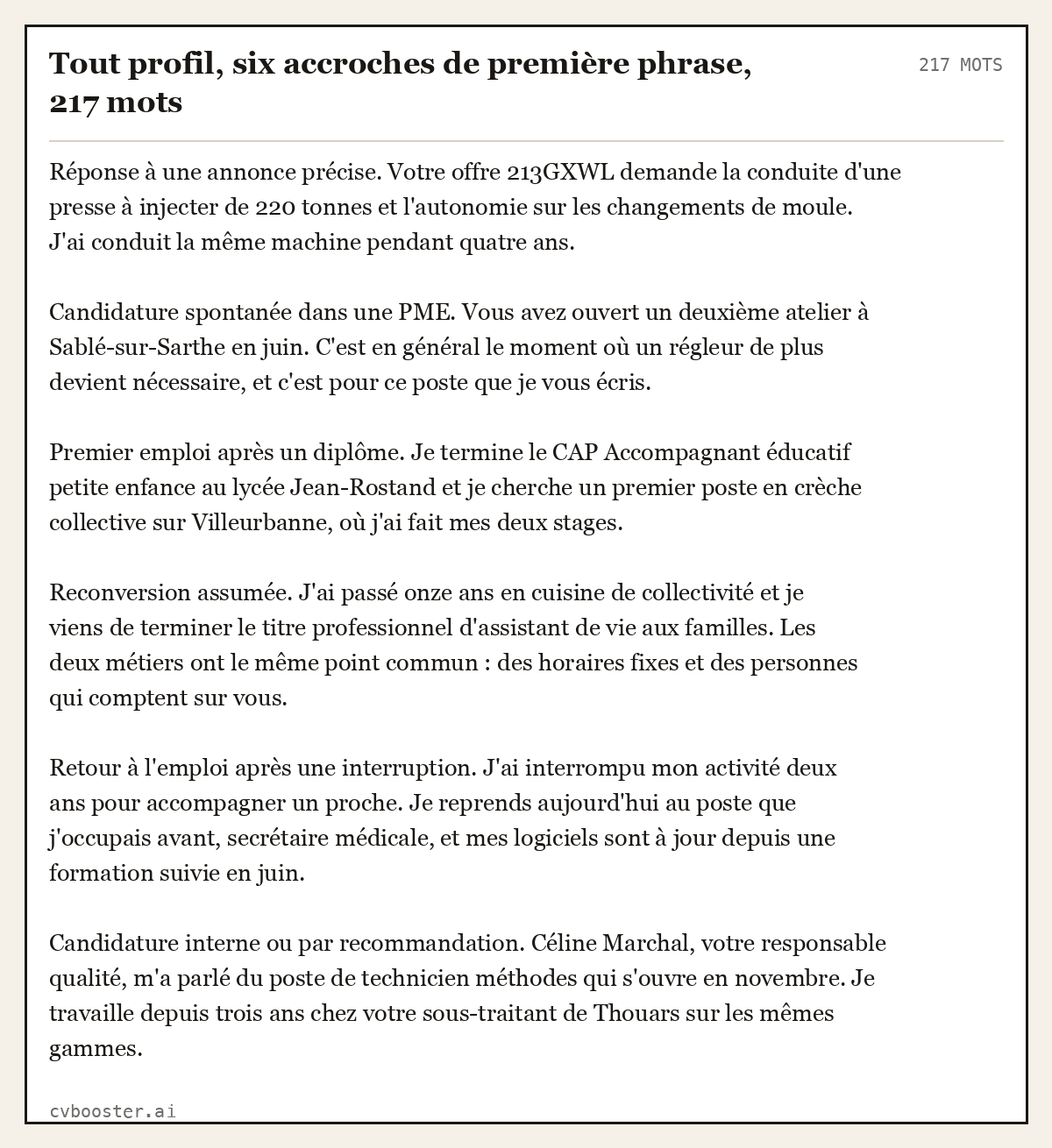 Exemple complet: Tout profil, six accroches de première phrase, 217 mots, 217 mots