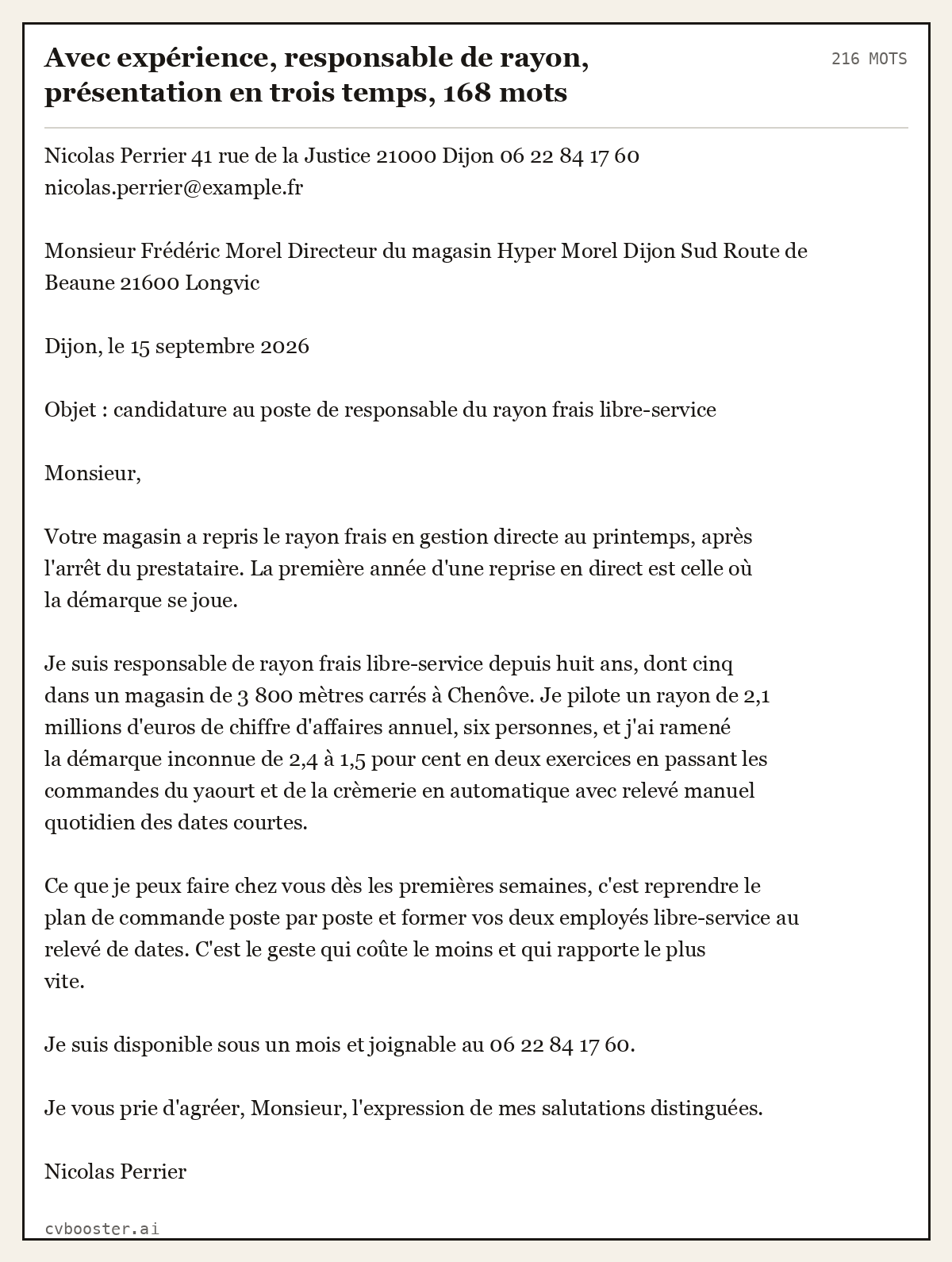 Exemple complet: Avec expérience, responsable de rayon, présentation en trois temps, 168 mots, 216 mots