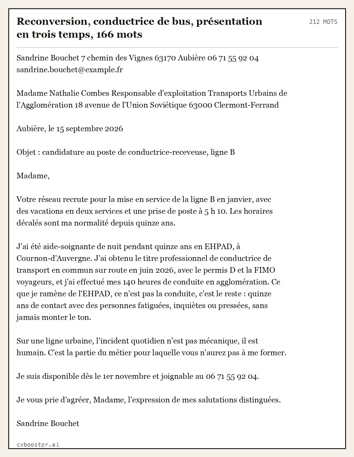 Exemple complet: Reconversion, conductrice de bus, présentation en trois temps, 166 mots, 212 mots