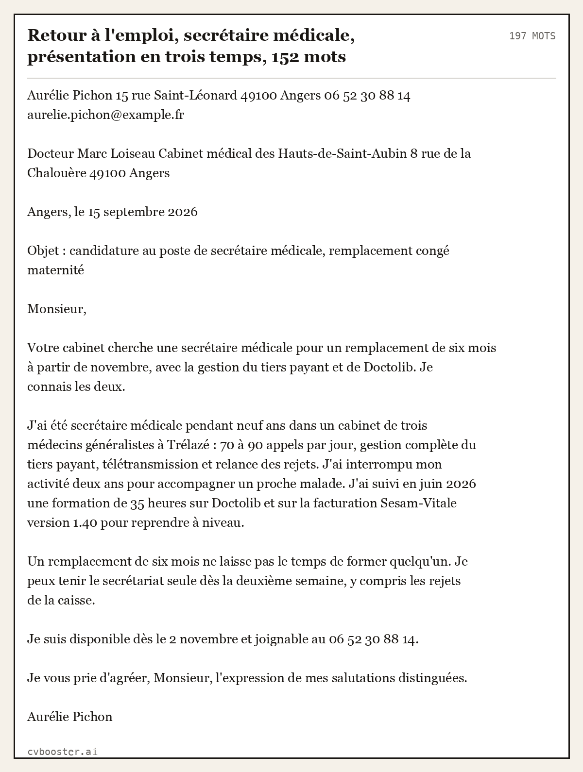 Exemple complet: Retour à l'emploi, secrétaire médicale, présentation en trois temps, 152 mots, 197 mots