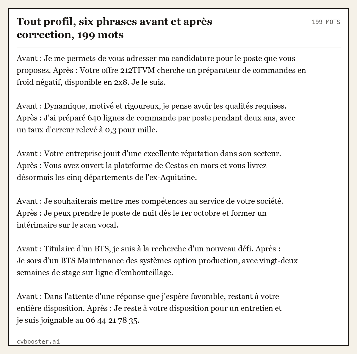 Exemple complet: Tout profil, six phrases avant et après correction, 199 mots, 199 mots