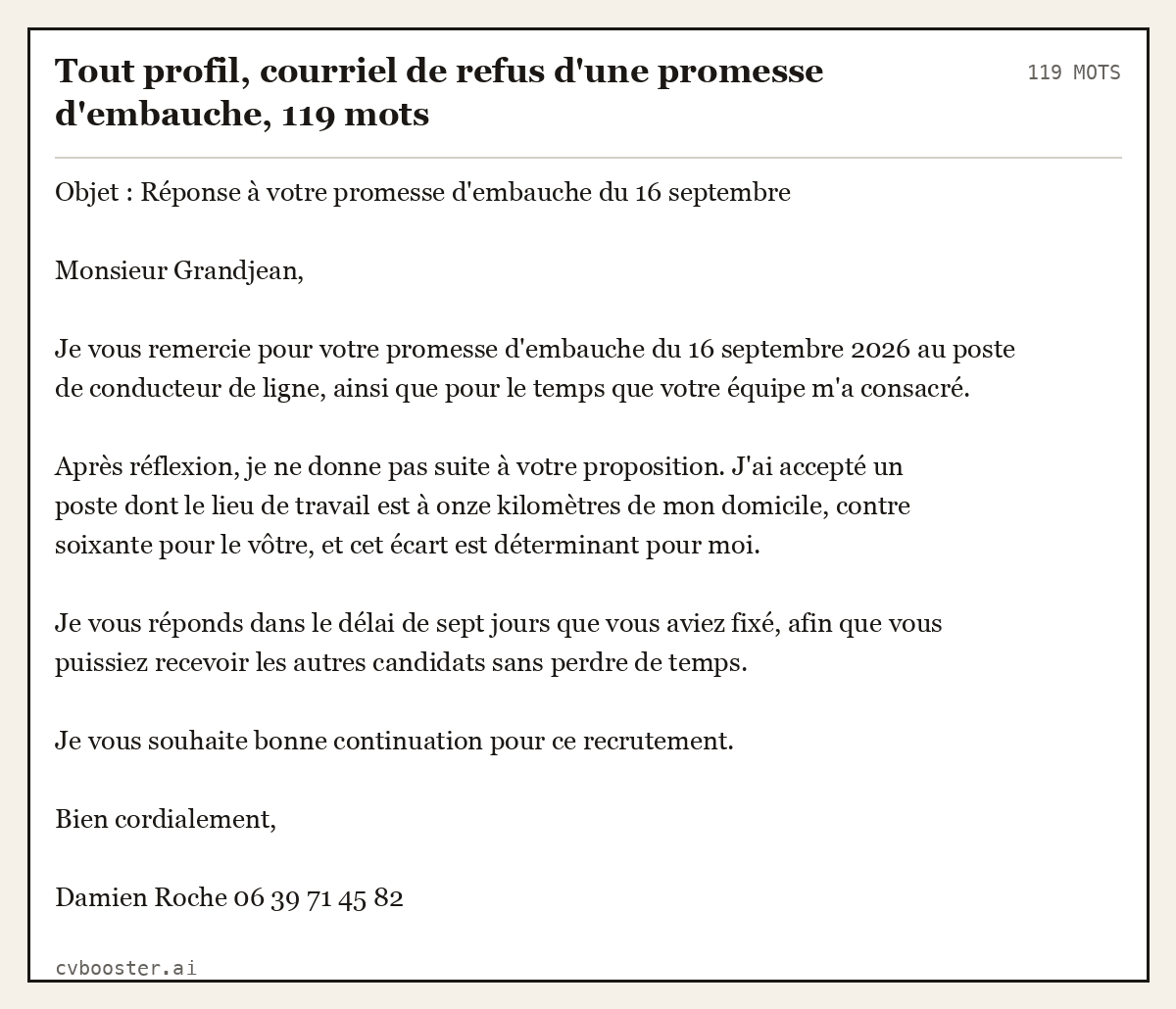 Exemple complet: Tout profil, courriel de refus d'une promesse d'embauche, 119 mots, 119 mots