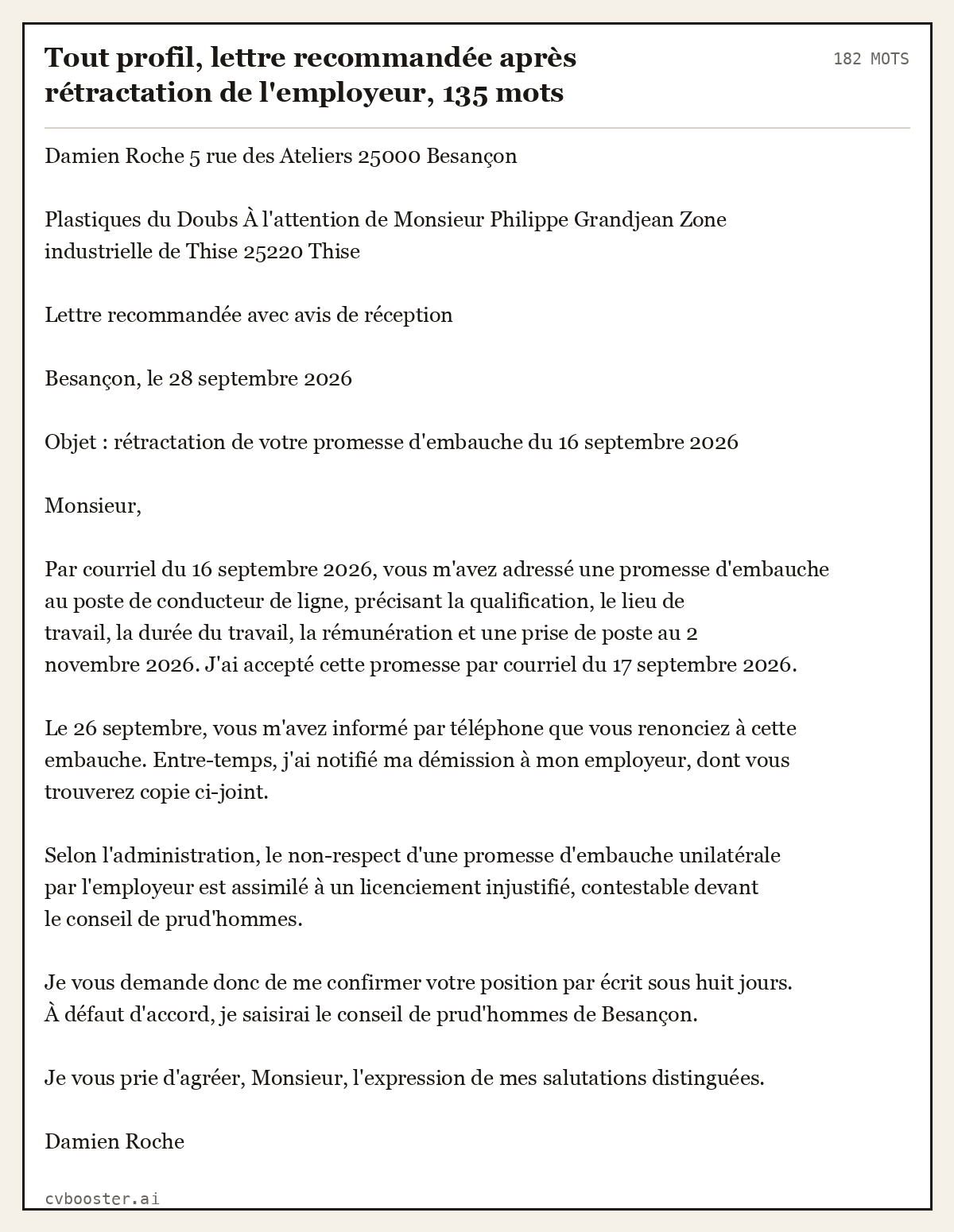 Exemple complet: Tout profil, lettre recommandée après rétractation de l'employeur, 135 mots, 182 mots