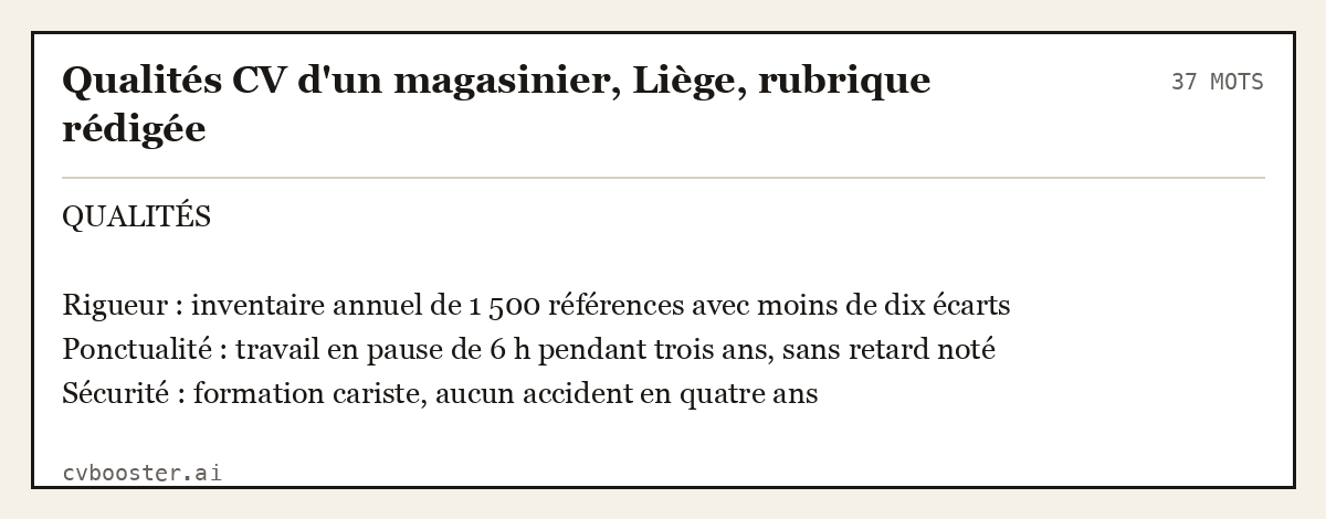 Exemple complet: Qualités CV d'un magasinier, Liège, rubrique rédigée, 37 mots