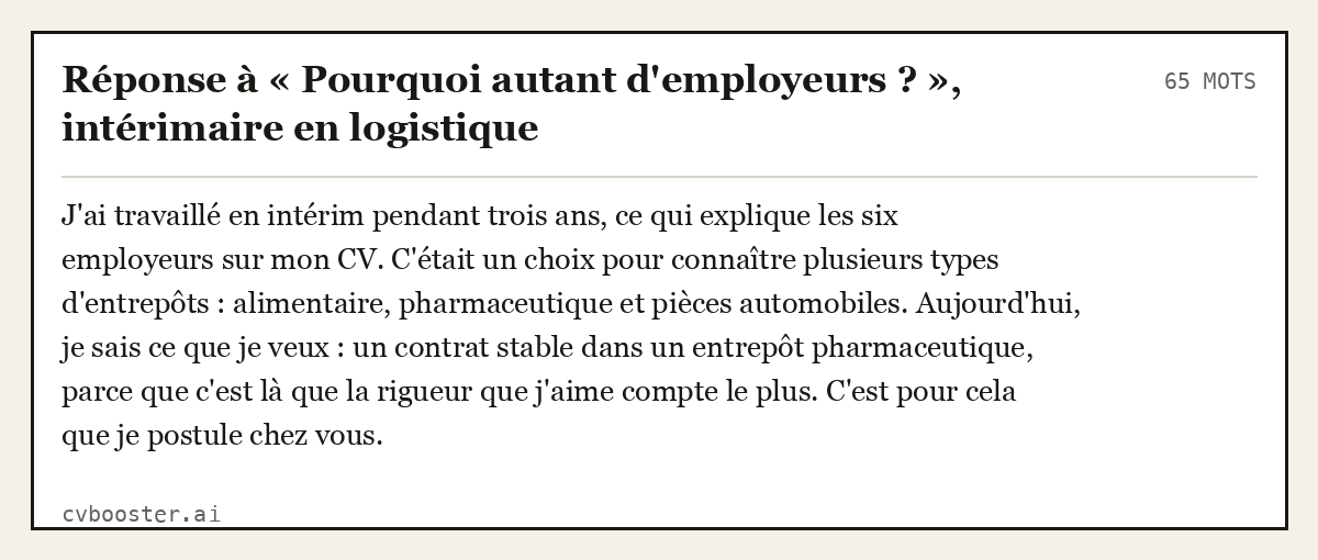 Exemple complet: Réponse à « Pourquoi autant d'employeurs ? », intérimaire en logistique, 65 mots