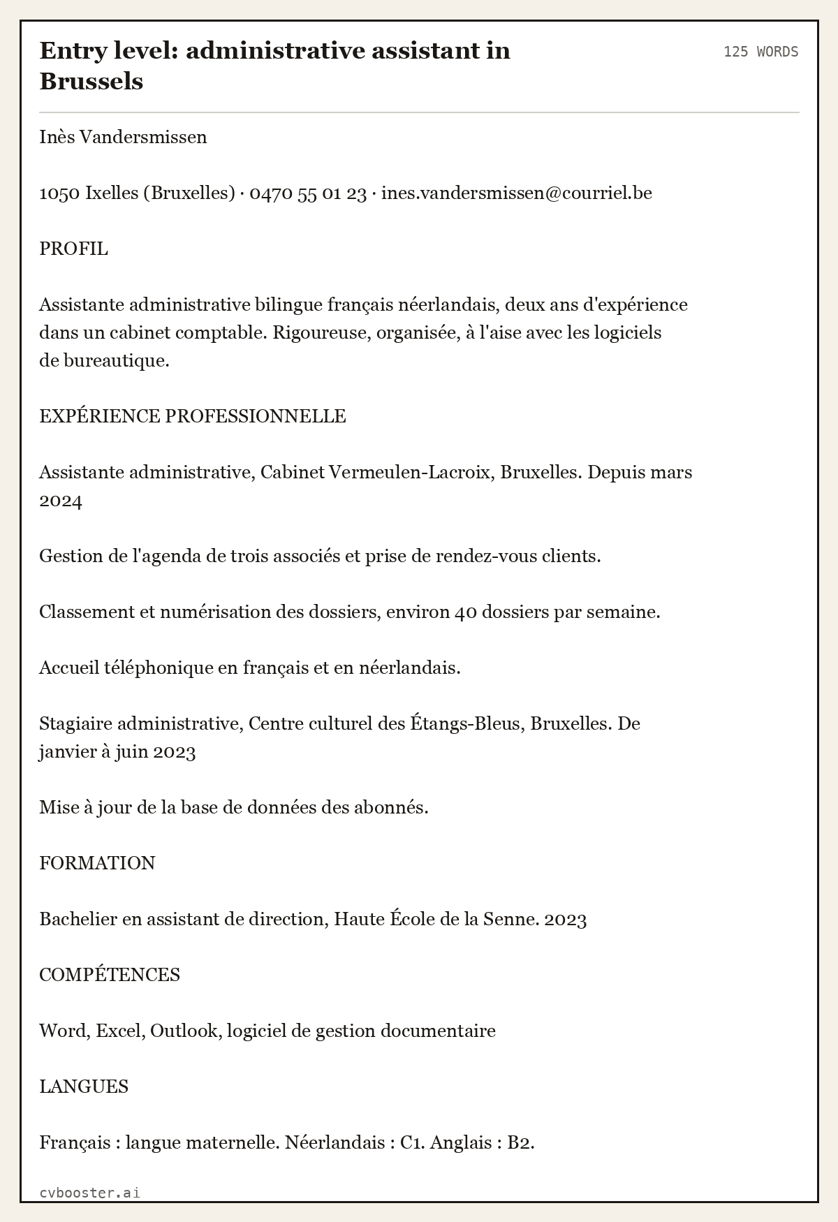 Complete Entry level: administrative assistant in Brussels example, 125 words, laid out as it would sit in the application form