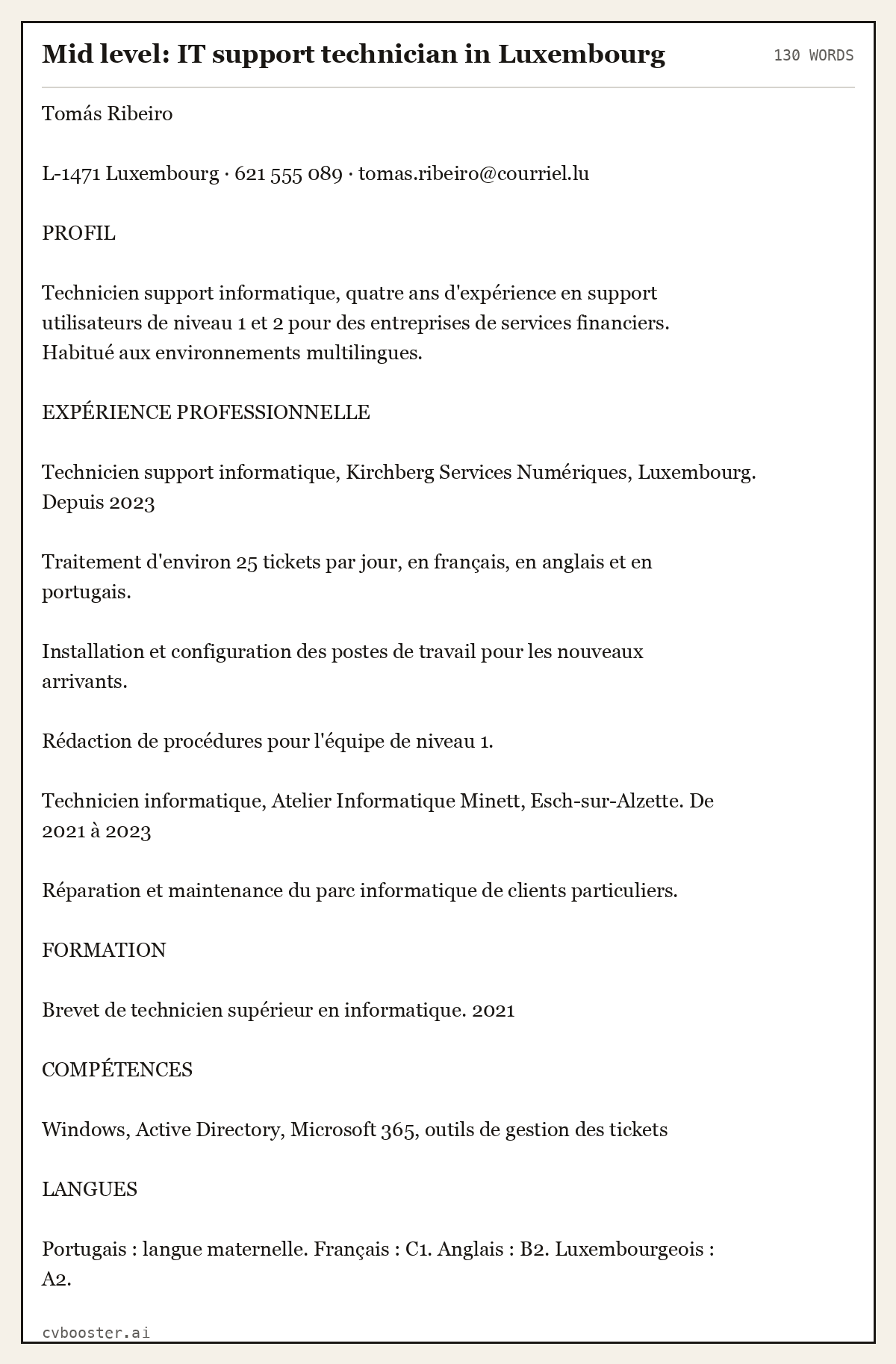 Complete Mid level: IT support technician in Luxembourg example, 130 words, laid out as it would sit in the application form