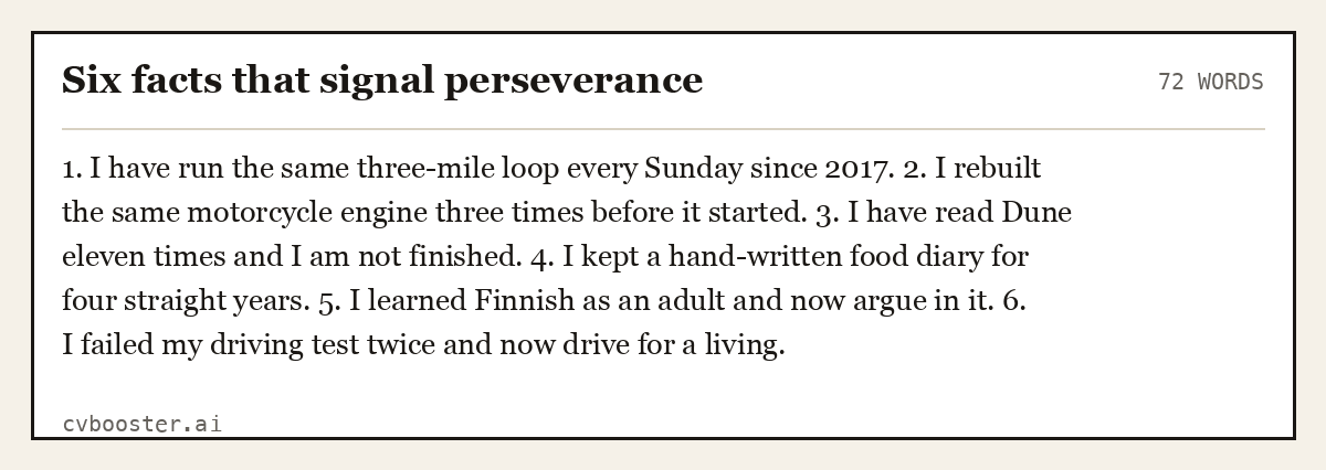 Complete Six facts that signal perseverance example, 72 words, laid out as it would sit in the application form