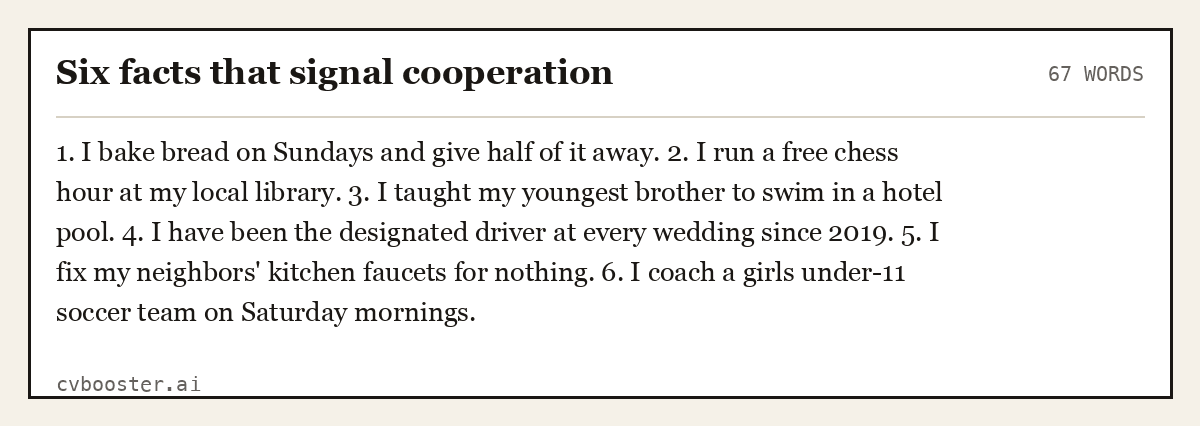 Complete Six facts that signal cooperation example, 67 words, laid out as it would sit in the application form