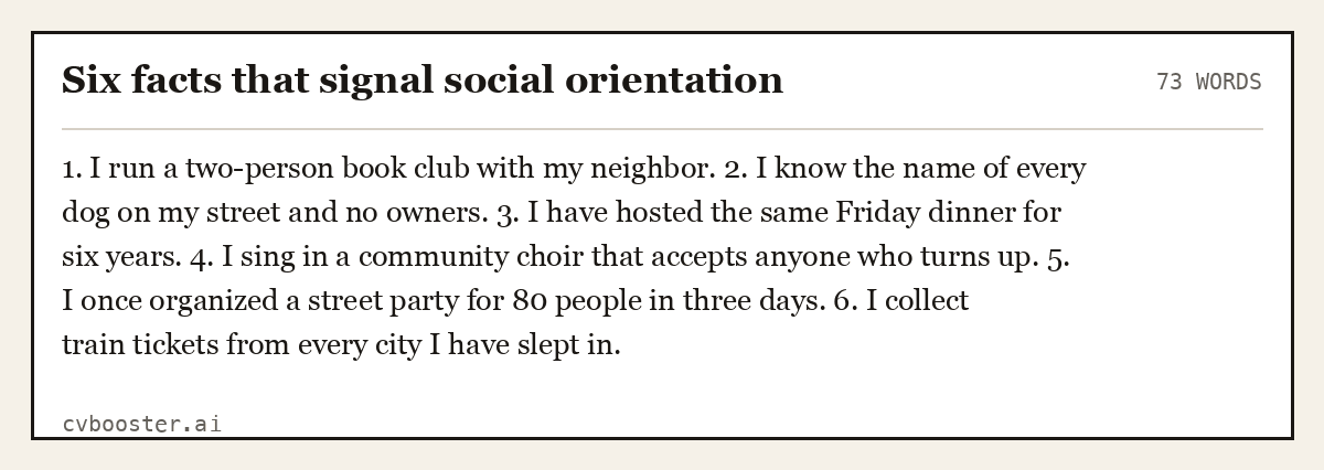 Complete Six facts that signal social orientation example, 73 words, laid out as it would sit in the application form