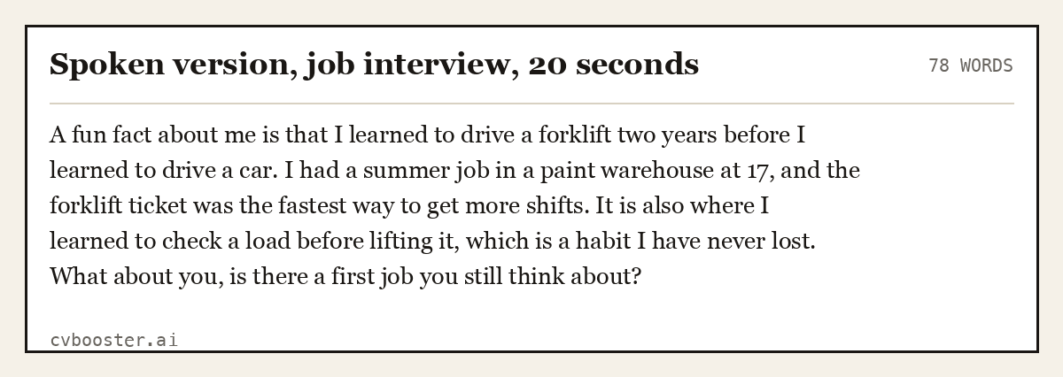 Complete Spoken version, job interview, 20 seconds example, 78 words, laid out as it would sit in the application form