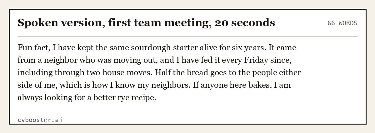 Complete Spoken version, first team meeting, 20 seconds example, 66 words, laid out as it would sit in the application form