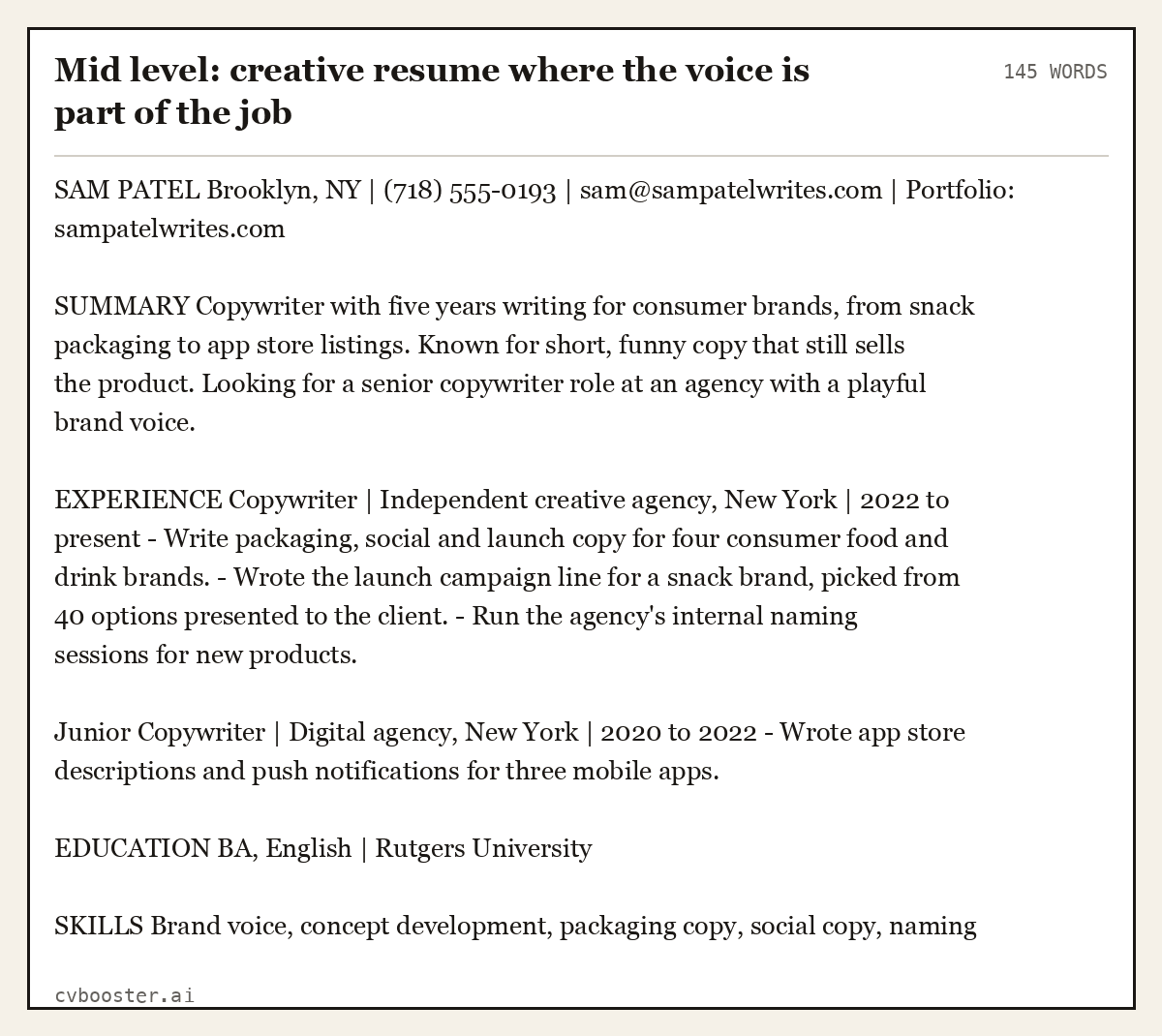 Complete Mid level: creative resume where the voice is part of the job example, 145 words, laid out as it would sit in the application form
