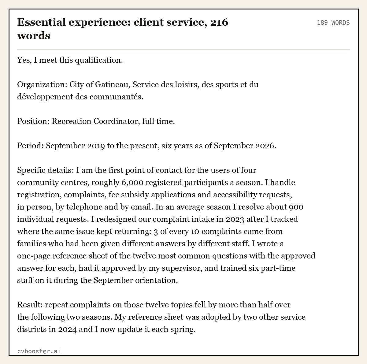 Complete Essential experience: client service example, 189 words, laid out as it would sit in the application form