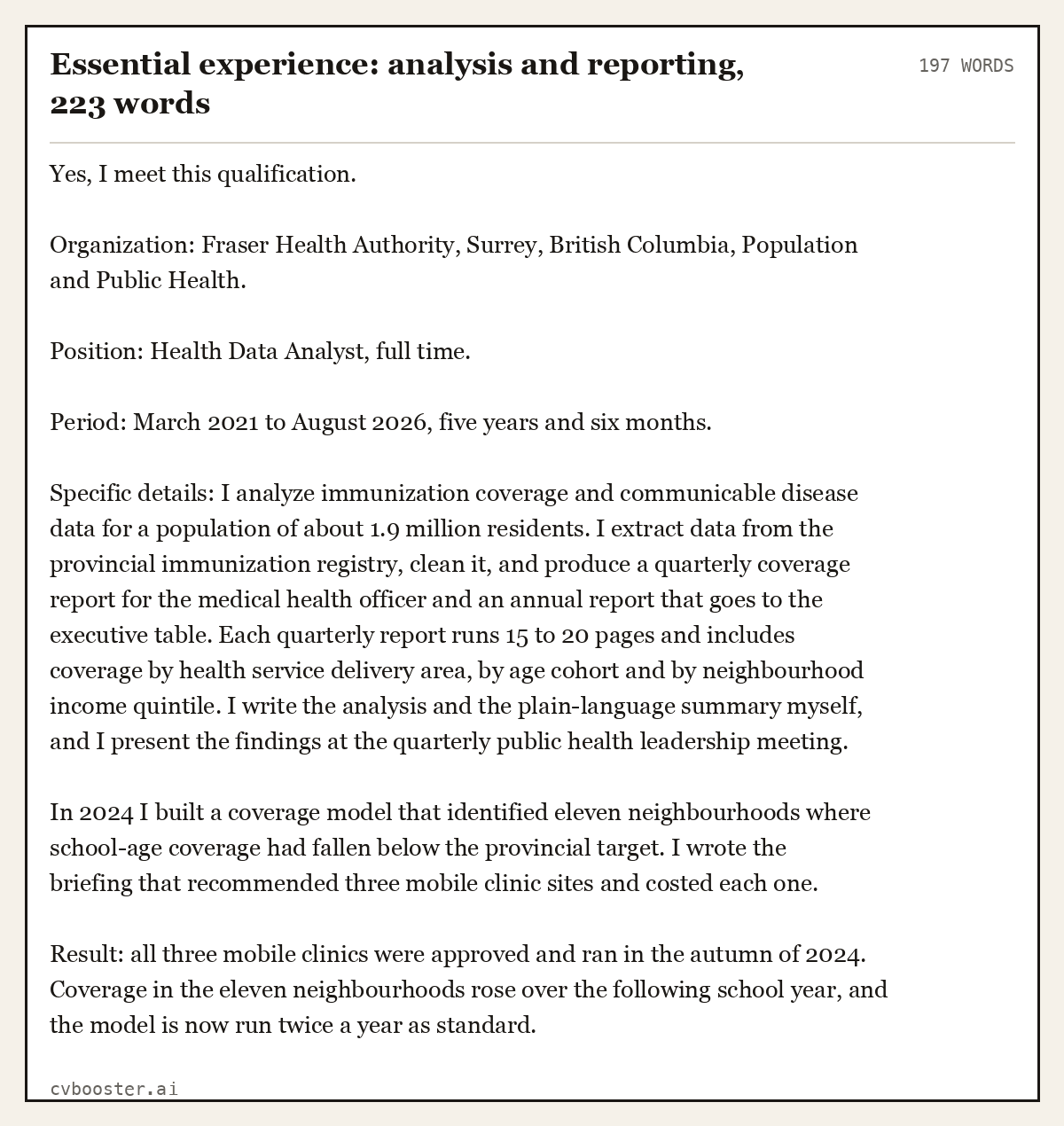 Complete Essential experience: analysis and reporting example, 197 words, laid out as it would sit in the application form
