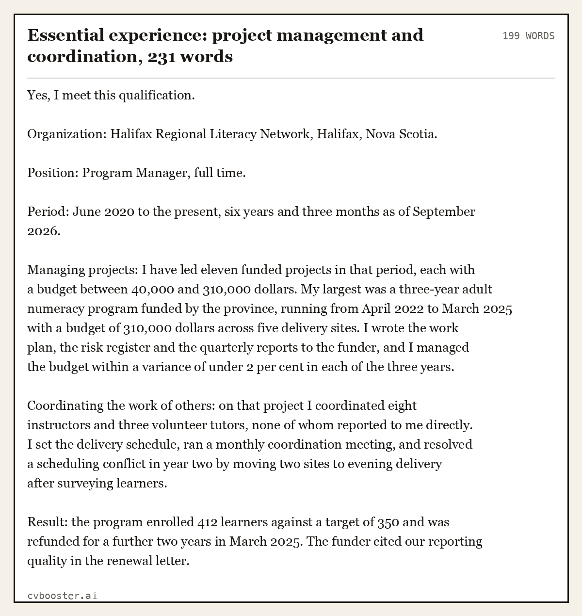 Complete Essential experience: project management and coordination example, 199 words, laid out as it would sit in the application form