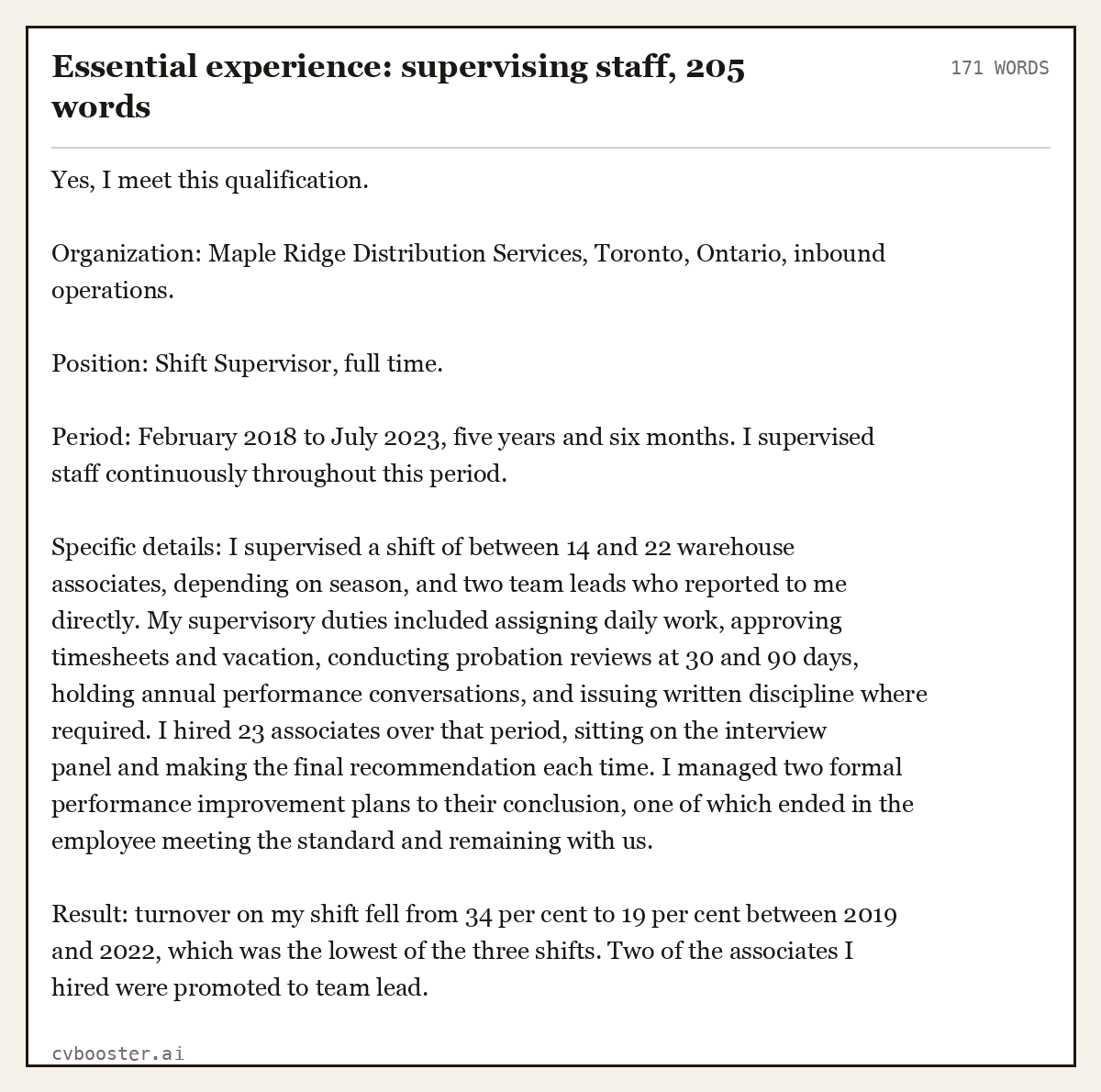 Complete Essential experience: supervising staff example, 171 words, laid out as it would sit in the application form