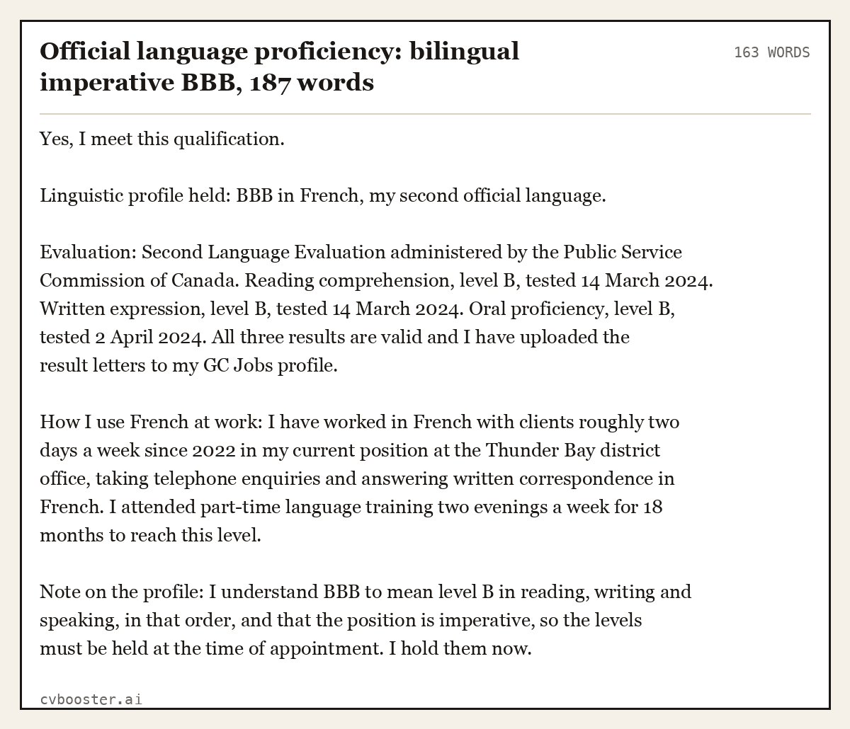 Complete Official language proficiency: bilingual imperative BBB example, 163 words, laid out as it would sit in the application form