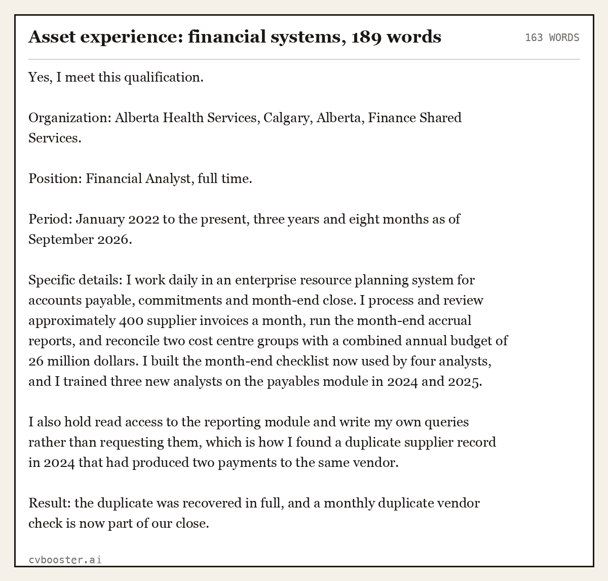 Complete Asset experience: financial systems example, 163 words, laid out as it would sit in the application form