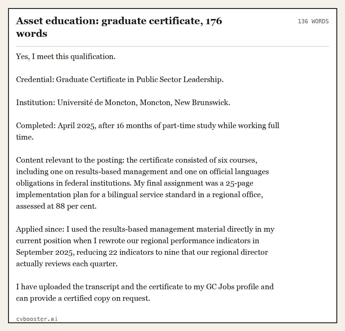 Complete Asset education: graduate certificate example, 136 words, laid out as it would sit in the application form