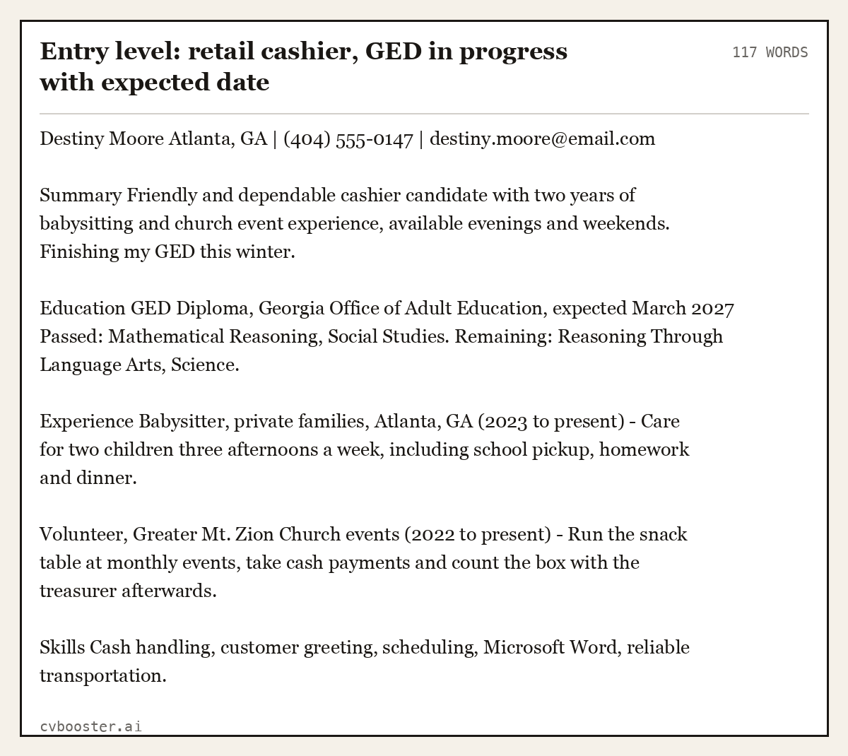 Complete Entry level: retail cashier, GED in progress with expected date example, 117 words, laid out as it would sit in the application form