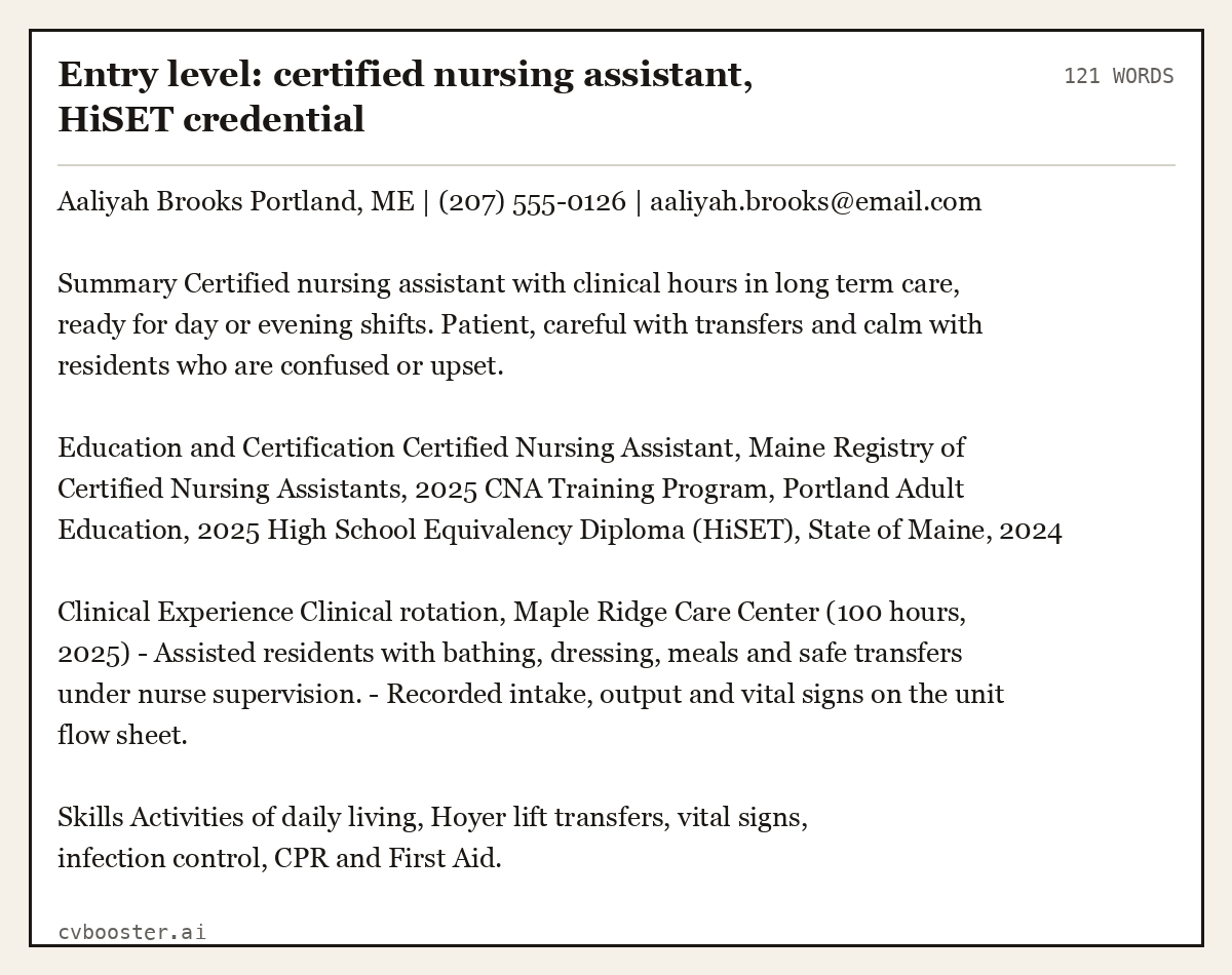 Complete Entry level: certified nursing assistant, HiSET credential example, 121 words, laid out as it would sit in the application form