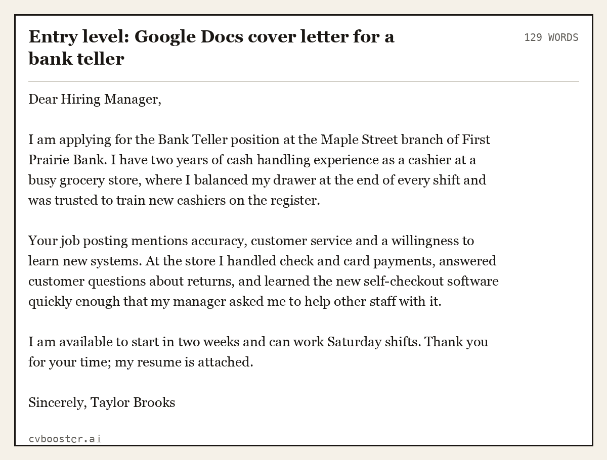 Entry level: Google Docs cover letter for a bank teller, complete example, 129 words