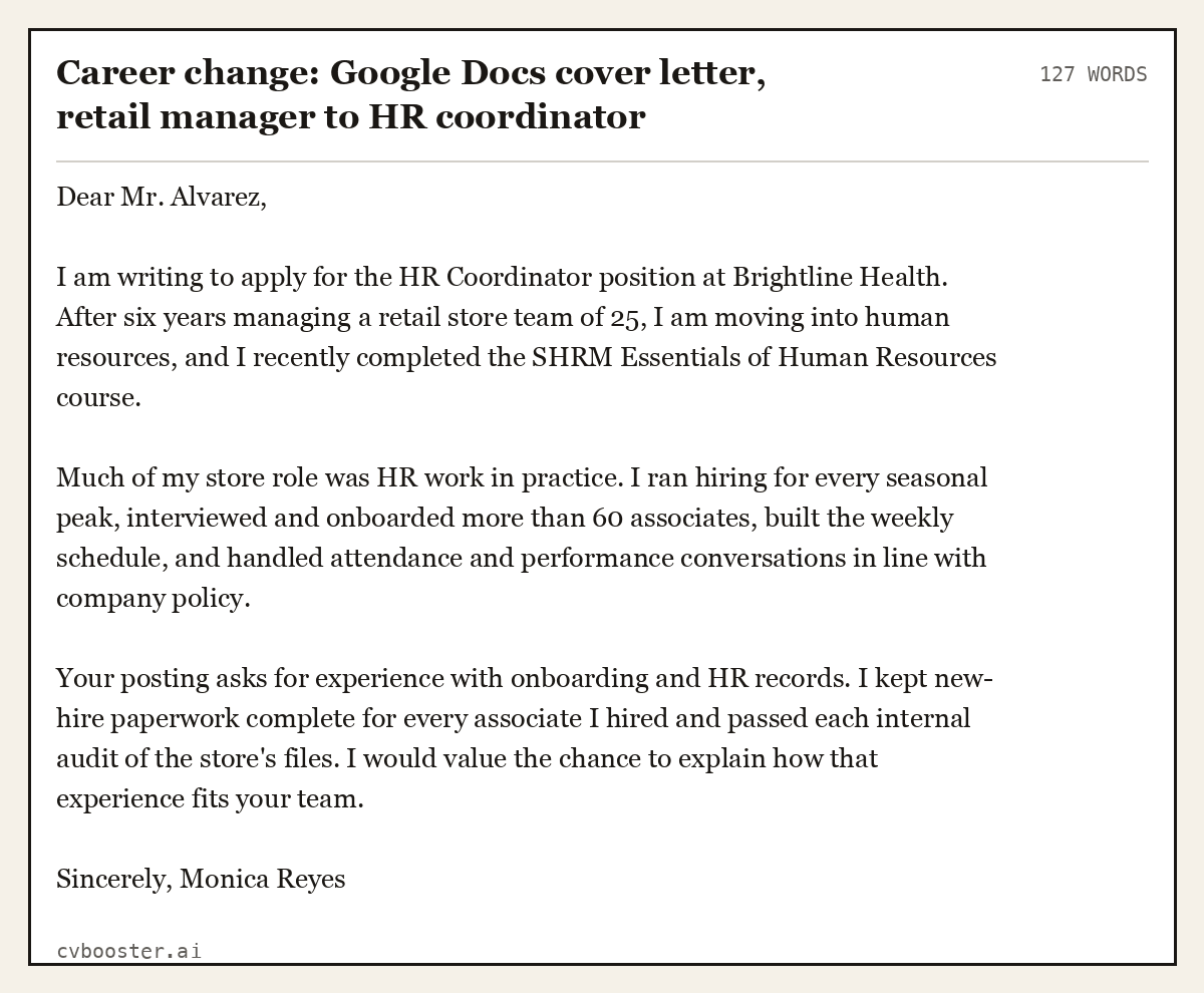 Career change: Google Docs cover letter, retail manager to HR coordinator, complete example, 127 words