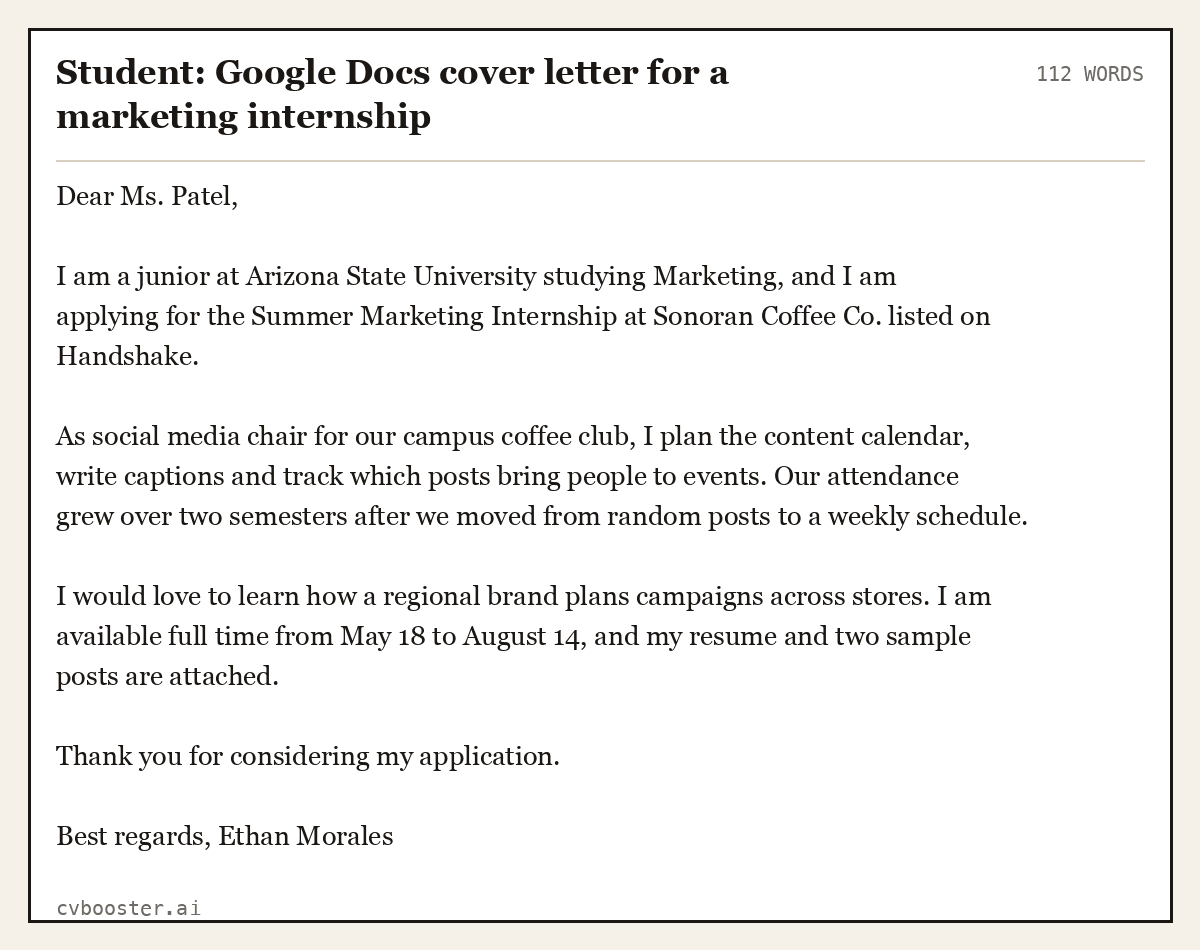 Student: Google Docs cover letter for a marketing internship, complete example, 112 words