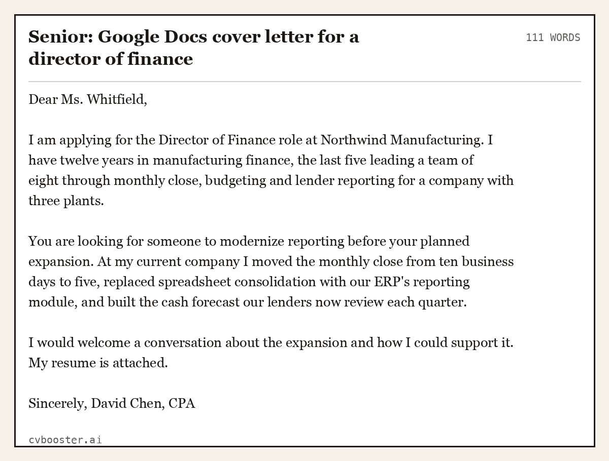 Senior: Google Docs cover letter for a director of finance, complete example, 111 words