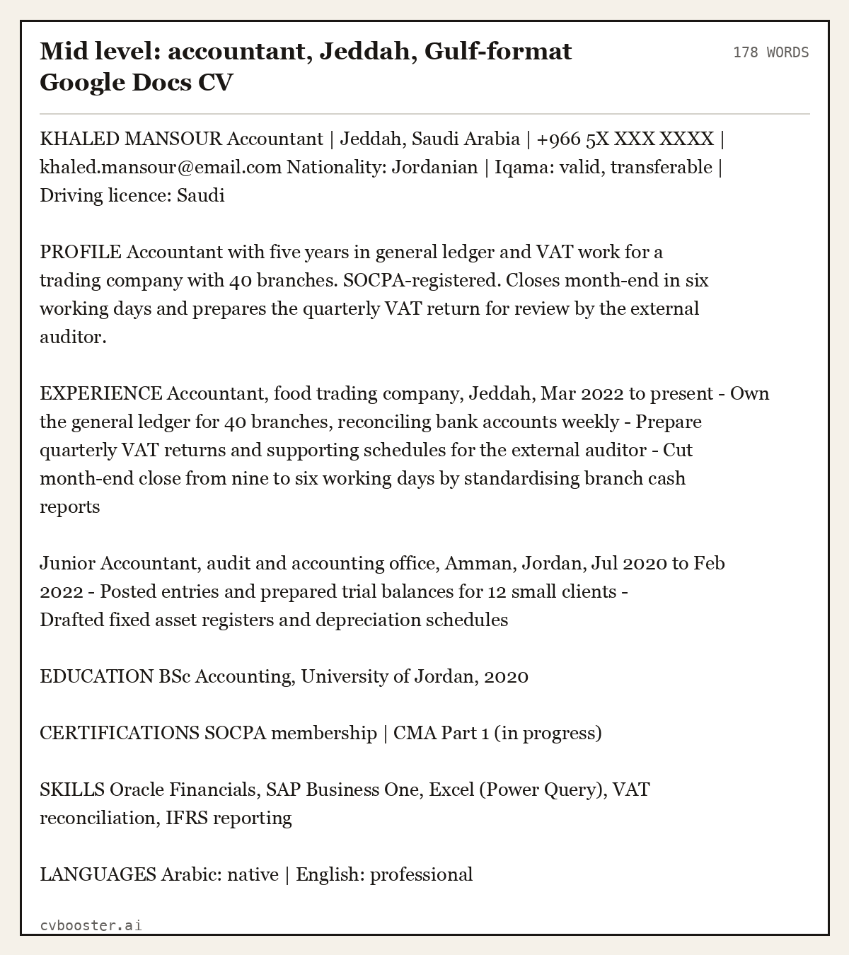 Complete Mid level: accountant, Jeddah, Gulf-format Google Docs CV example, 178 words, laid out as it would sit in the application form