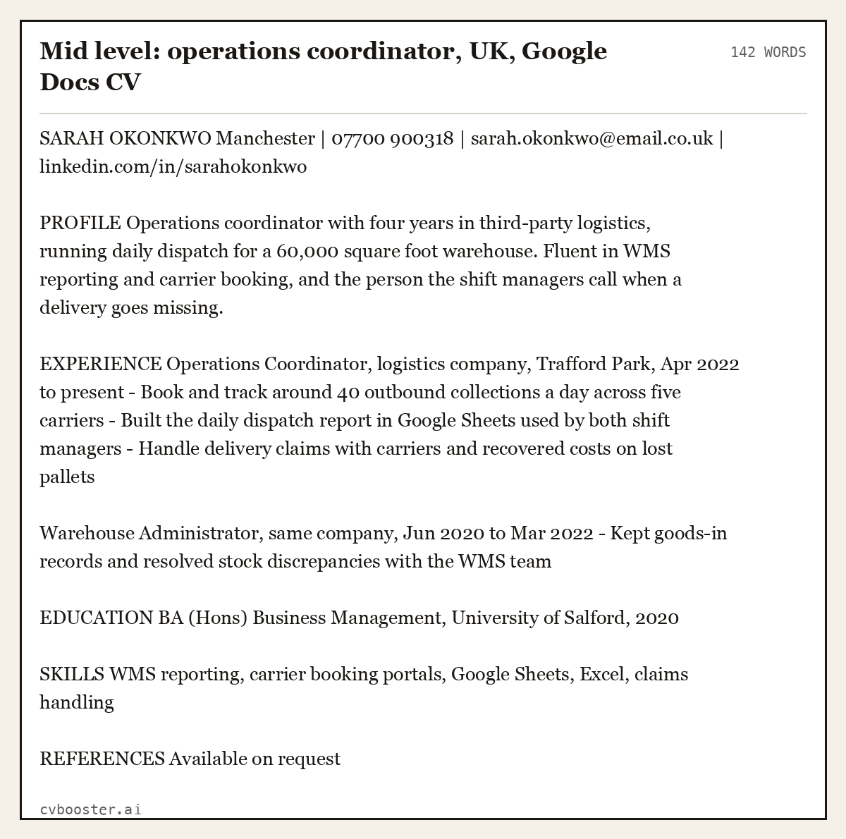 Complete Mid level: operations coordinator, UK, Google Docs CV example, 142 words, laid out as it would sit in the application form