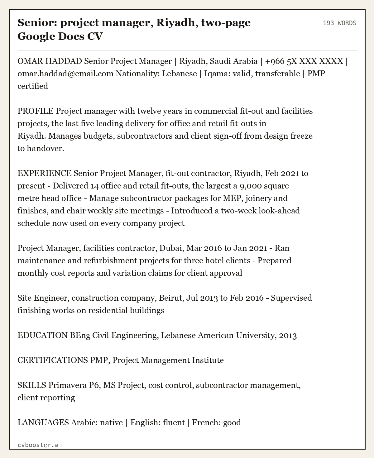 Complete Senior: project manager, Riyadh, two-page Google Docs CV example, 193 words, laid out as it would sit in the application form