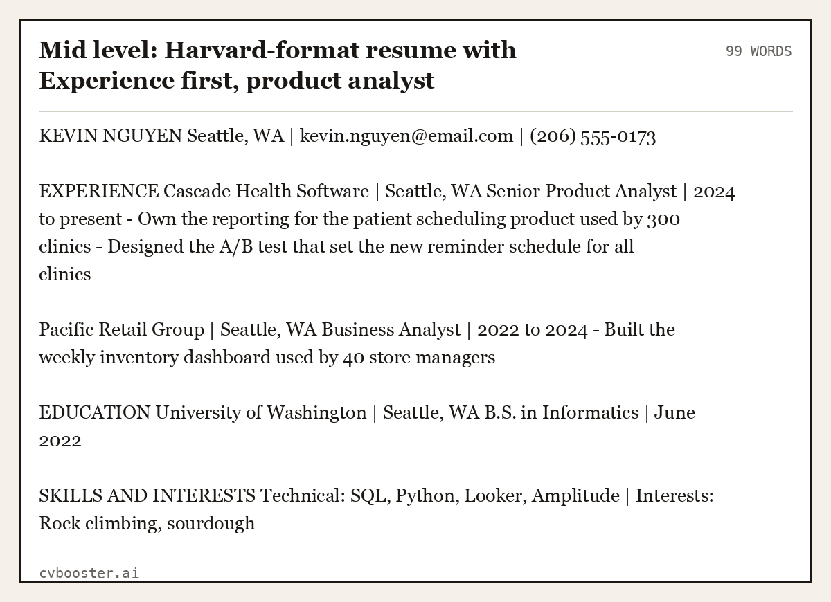 Mid level: Harvard-format resume with Experience first, product analyst, complete example, 99 words