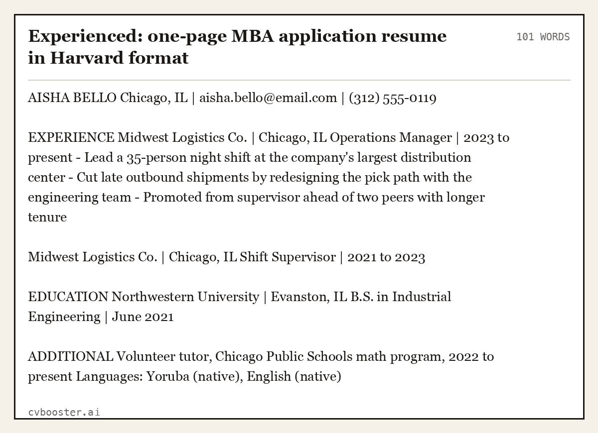 Experienced: one-page MBA application resume in Harvard format, complete example, 101 words