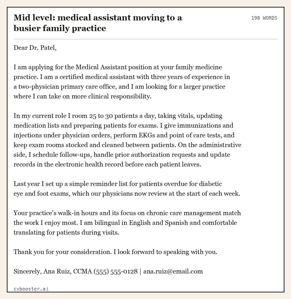 Complete Mid level: medical assistant moving to a busier family practice example, 198 words, laid out as it would sit in the application form