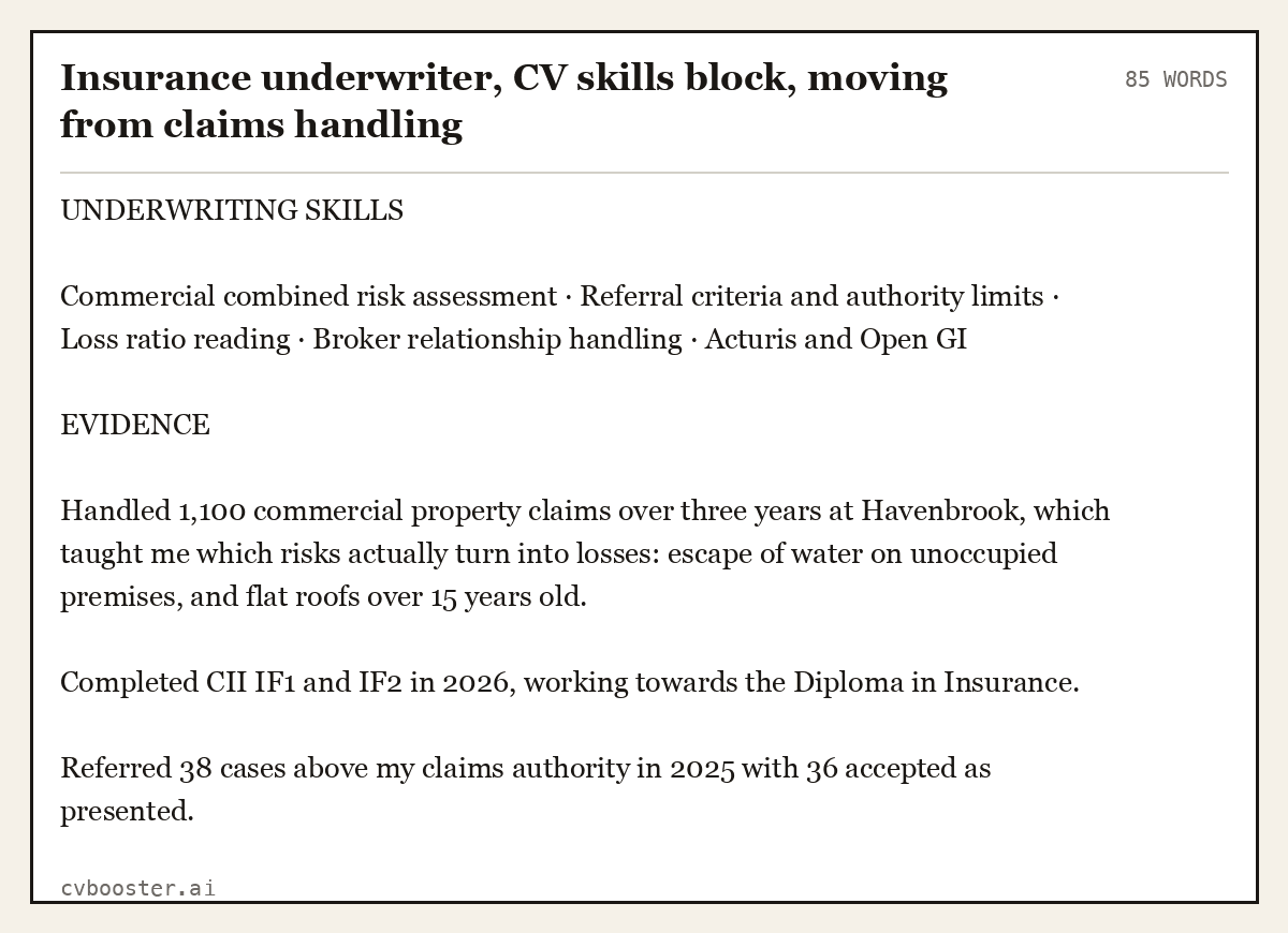 Complete Insurance underwriter, CV skills block, moving from claims handling example, 85 words, laid out as it would sit in the application form