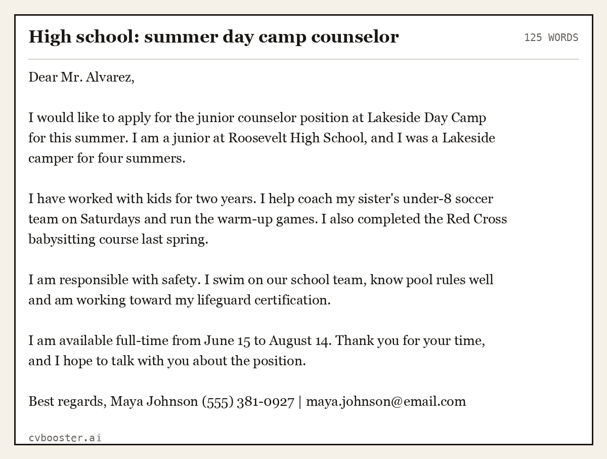 Complete High school: summer day camp counselor example, 125 words, laid out as it would sit in the application form