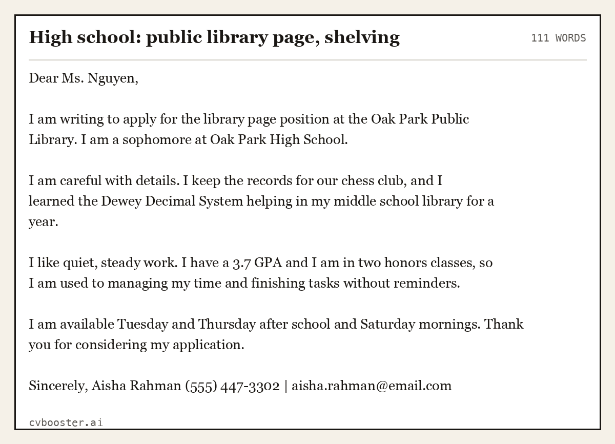 Complete High school: public library page, shelving example, 111 words, laid out as it would sit in the application form