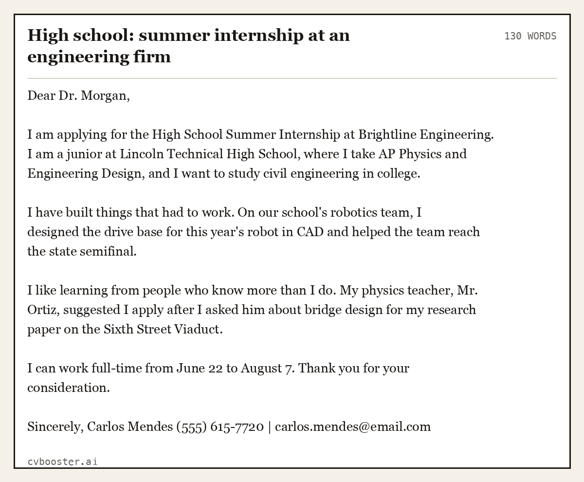 High school: summer internship at an engineering firm, complete example, 130 words