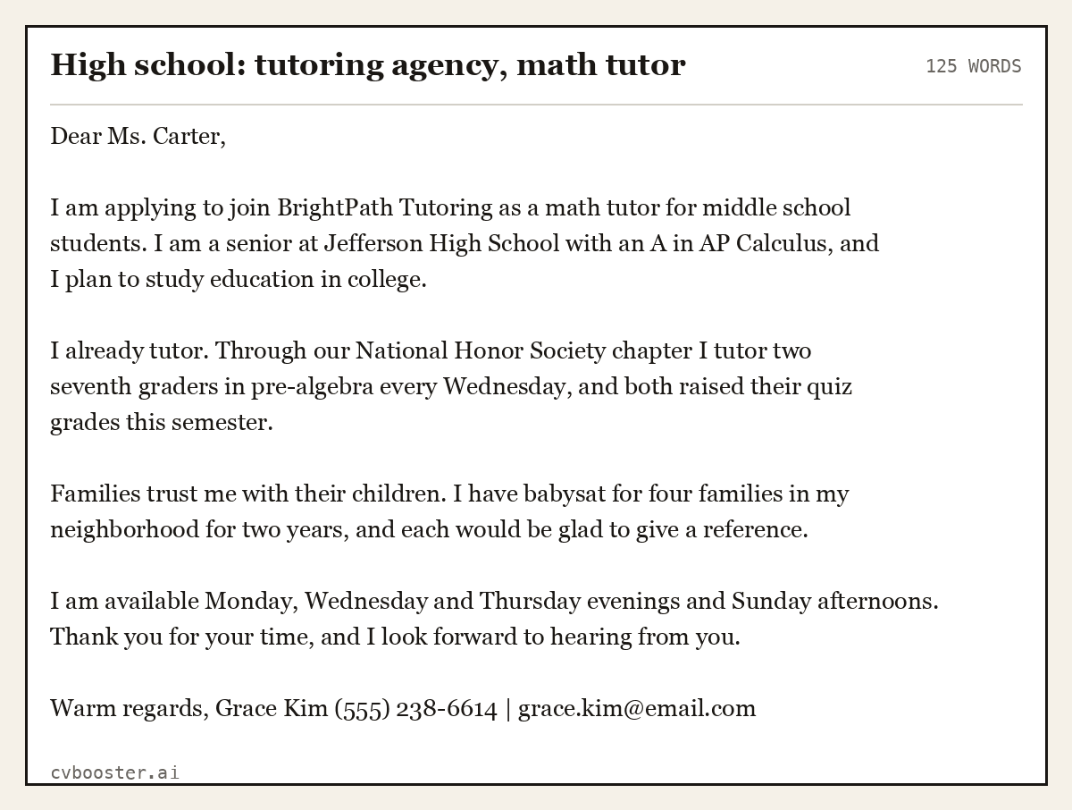 Complete High school: tutoring agency, math tutor example, 125 words, laid out as it would sit in the application form