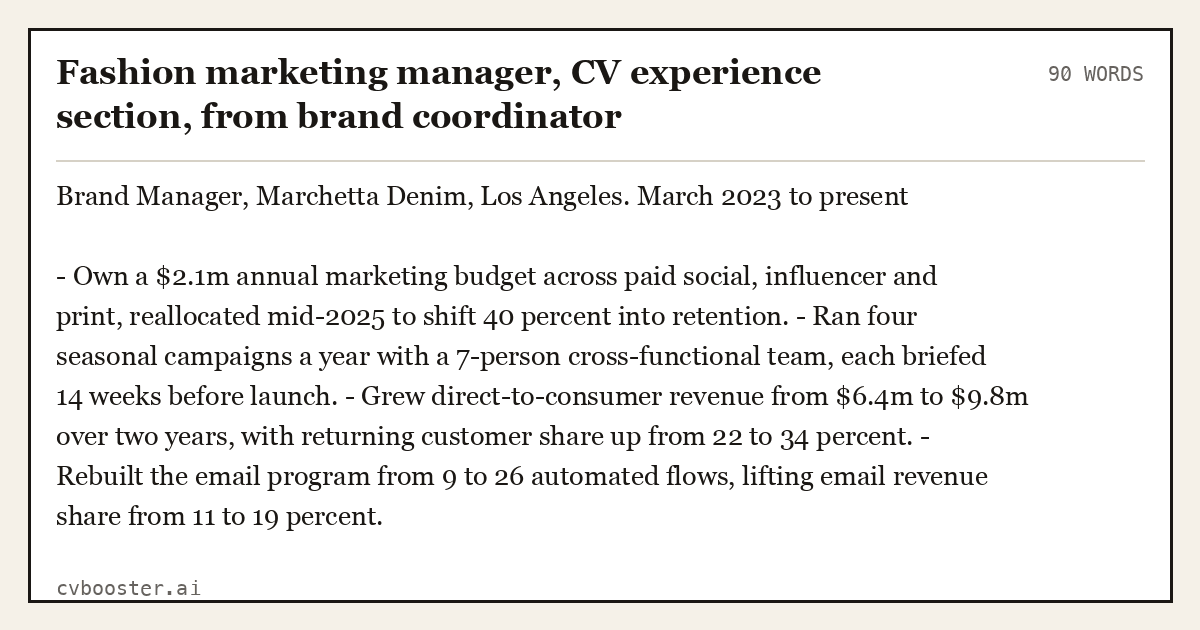 Complete Fashion marketing manager, CV experience section, from brand coordinator example, 90 words, laid out as it would sit in the application form