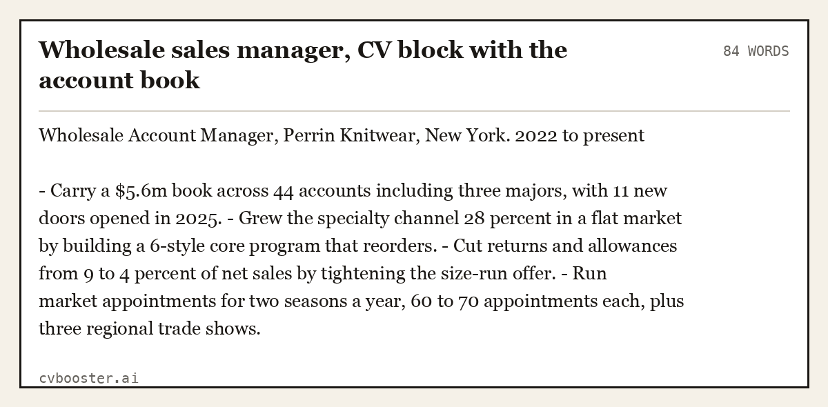 Complete Wholesale sales manager, CV block with the account book example, 84 words, laid out as it would sit in the application form