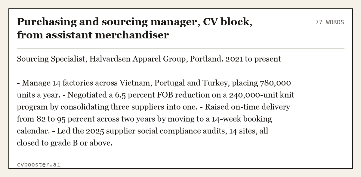 Complete Purchasing and sourcing manager, CV block, from assistant merchandiser example, 77 words, laid out as it would sit in the application form