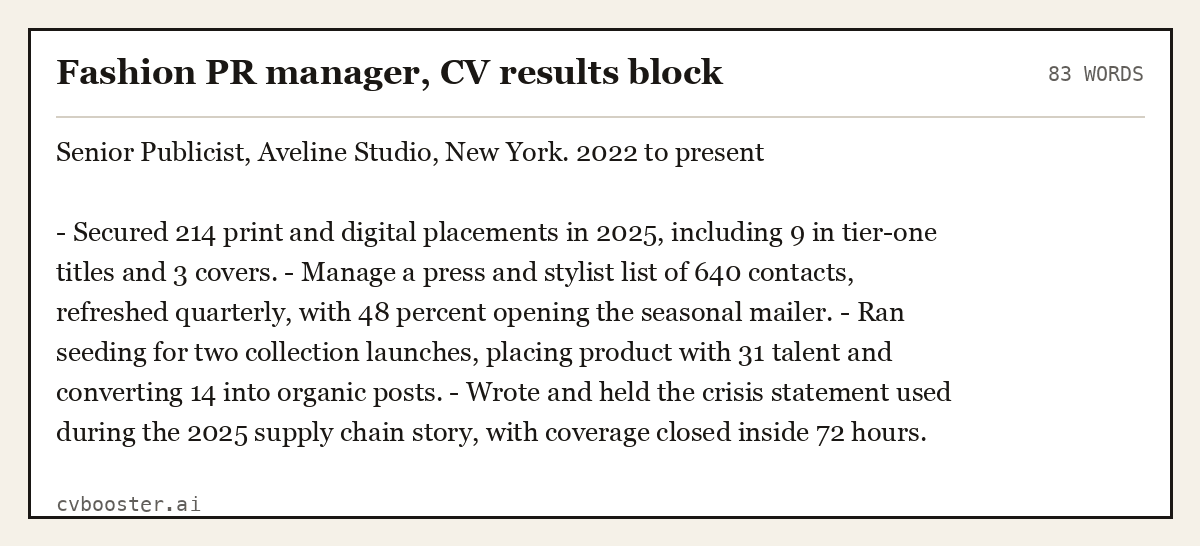 Complete Fashion PR manager, CV results block example, 83 words, laid out as it would sit in the application form